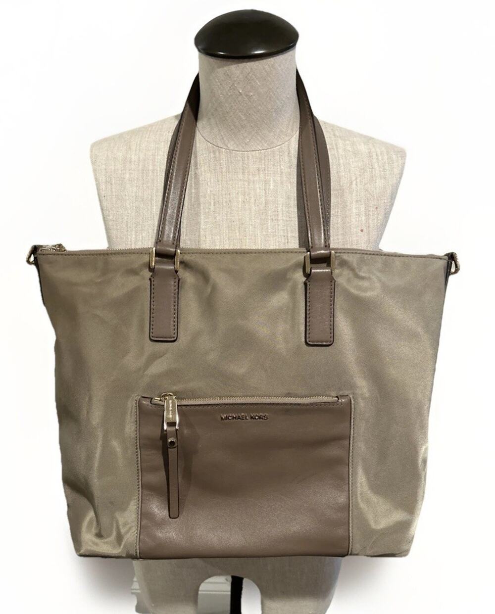 Michael Kors Ariana Dusk Tote Crossbody Leather Nylon Dark Beige- VGUC